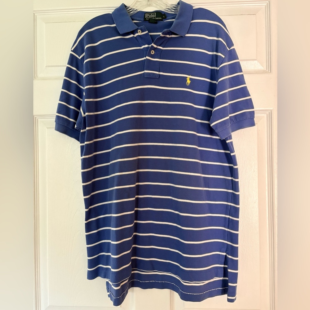 Ralph Lauren Blue and White Striped Polo Shirt large